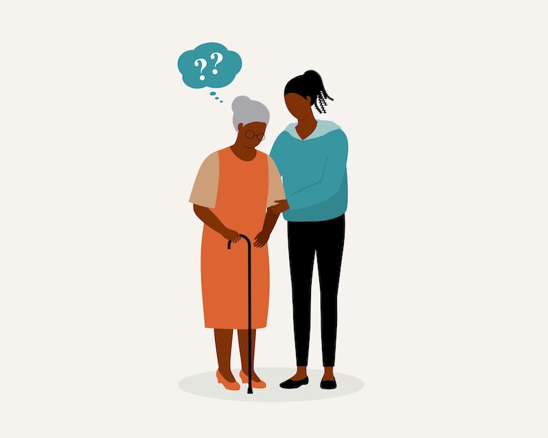 Illustration of a Young Black Daughter Taking Care Of Her Elderly Mother With Dementia