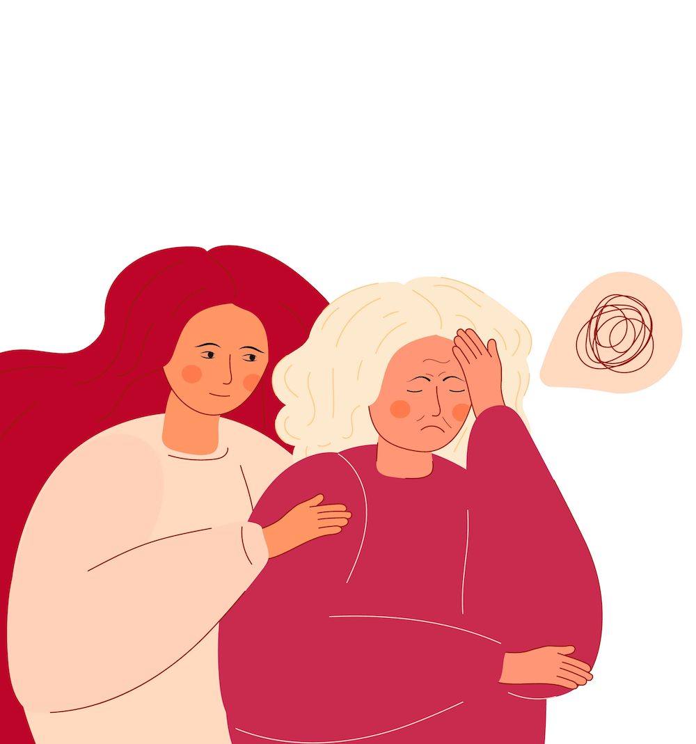 Illustration of a younger woman helping an older confused woman