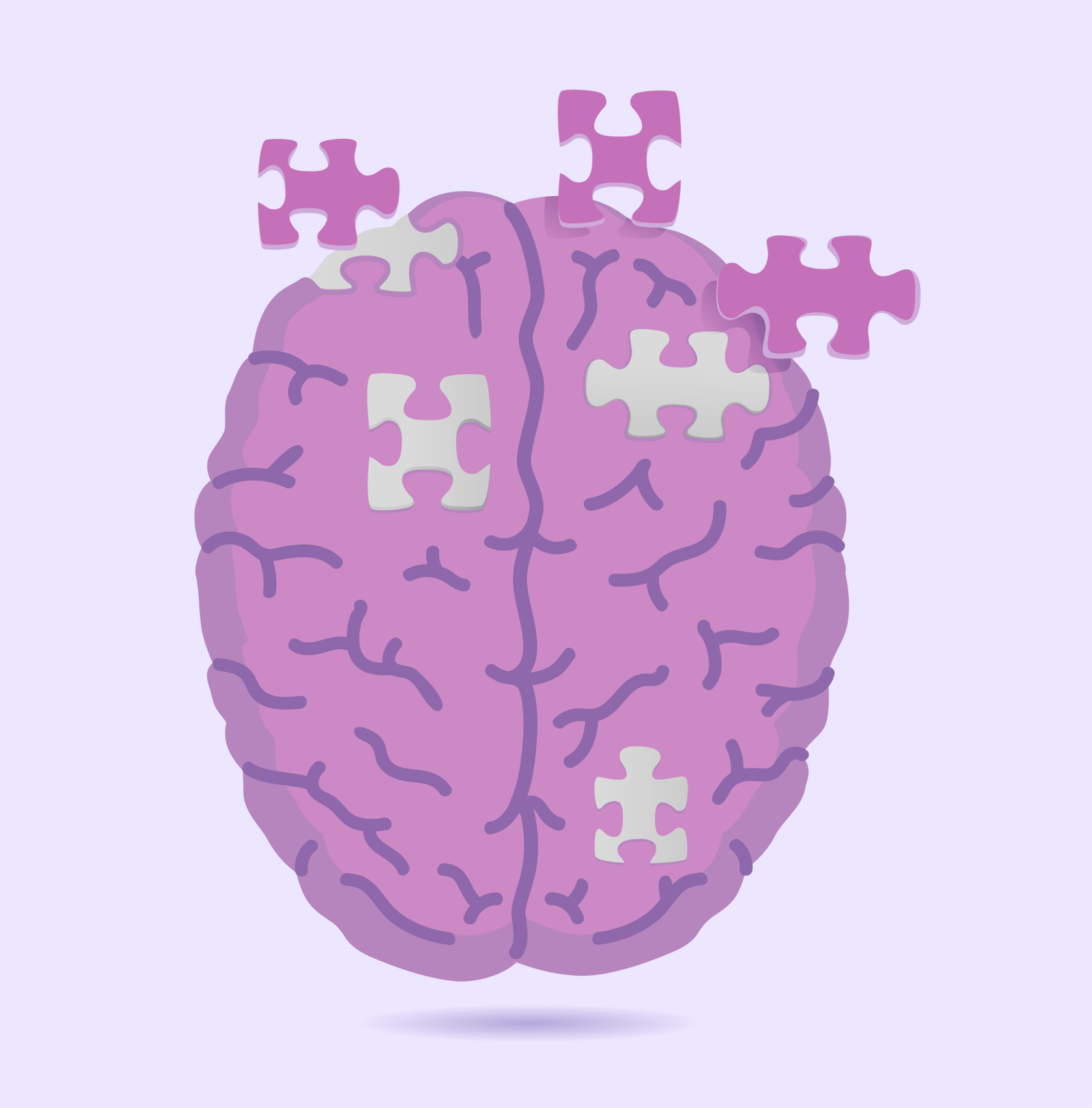 Illustration of a purple brain with puzzle pieces missing