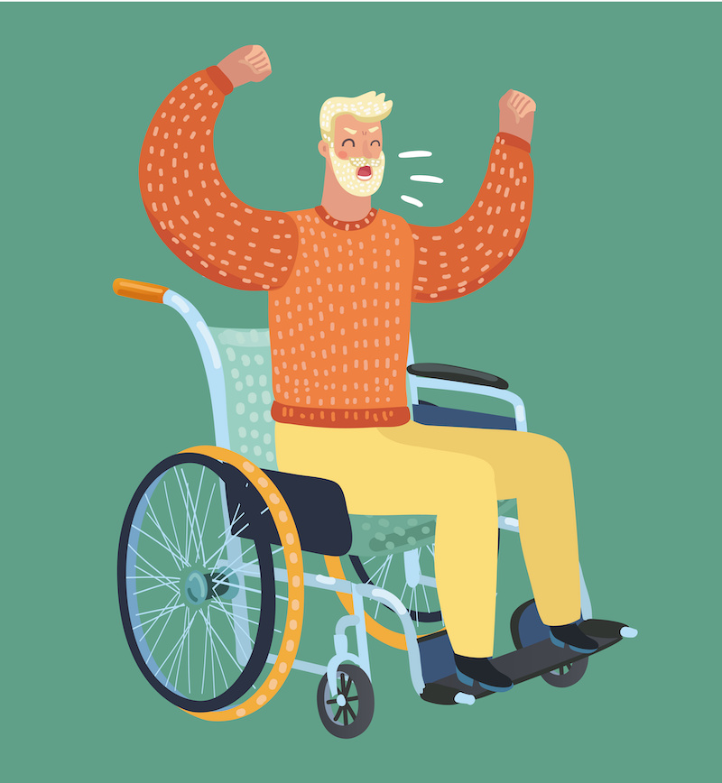 Frustrated person with dementia sitting in a wheelchair 