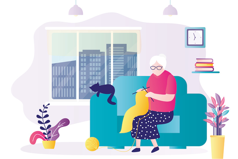 Illustration of an older woman knitting on her couch