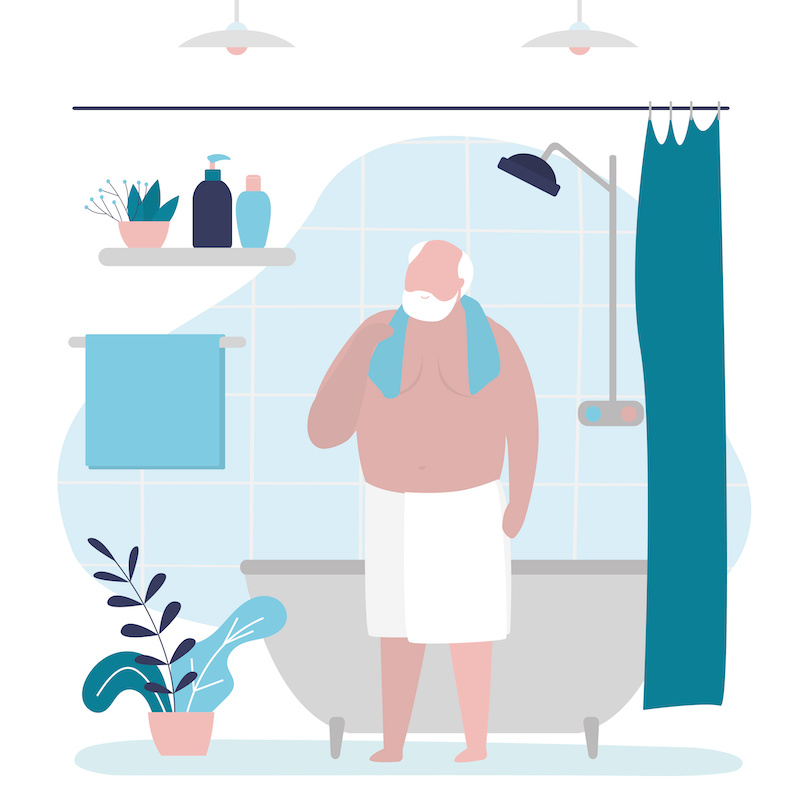 Illustration of an older man getting out of the shower in a towel