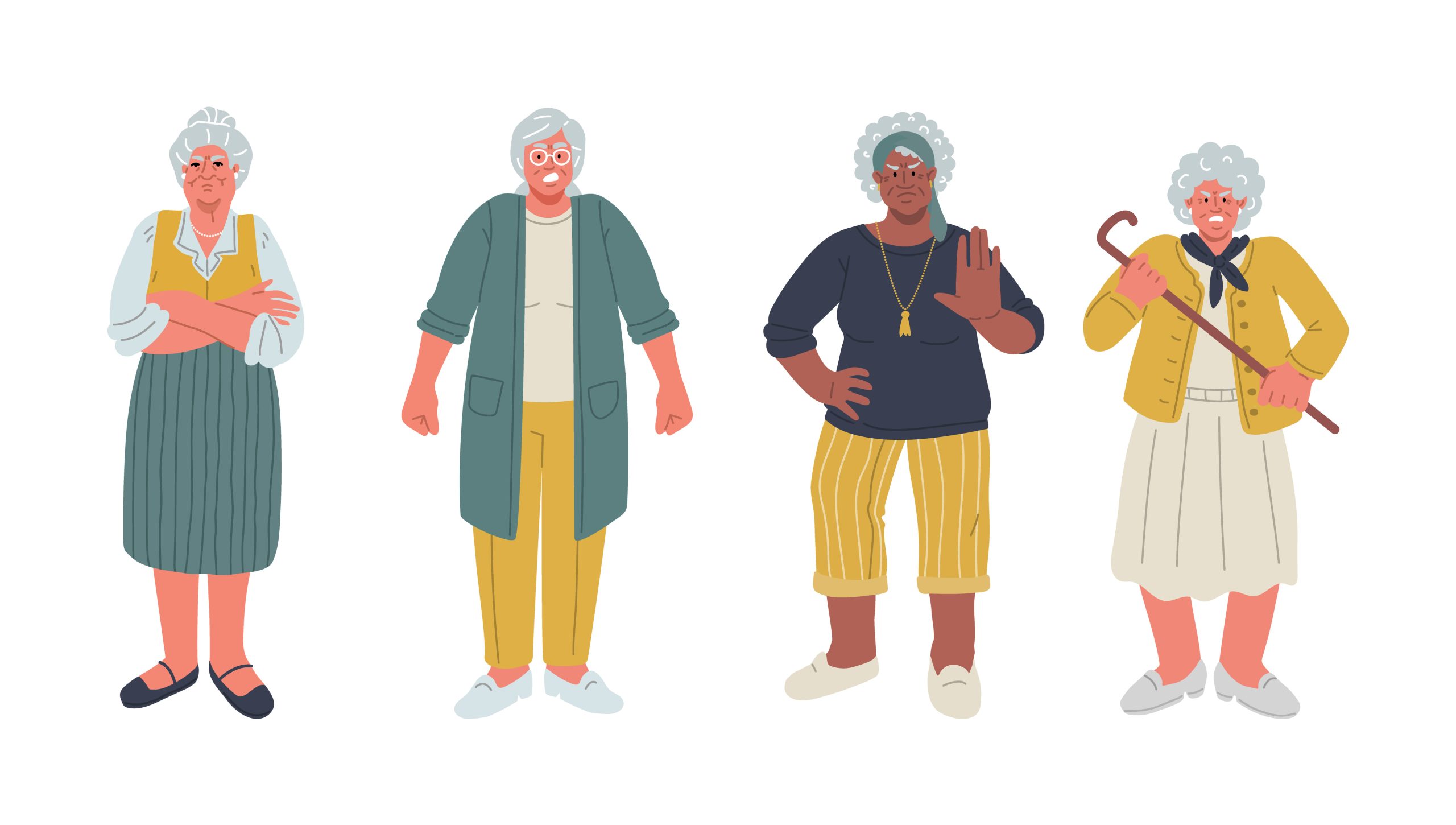 Illustration of a group of angry, frustrated and aggressive senior women