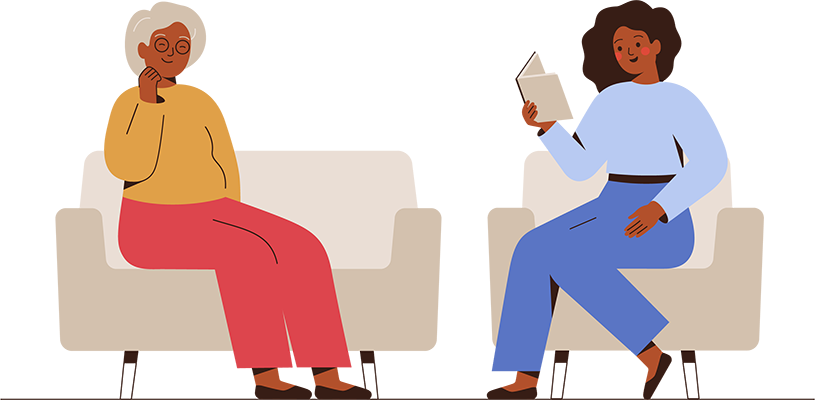 Woman sitting at home and her daughter reading