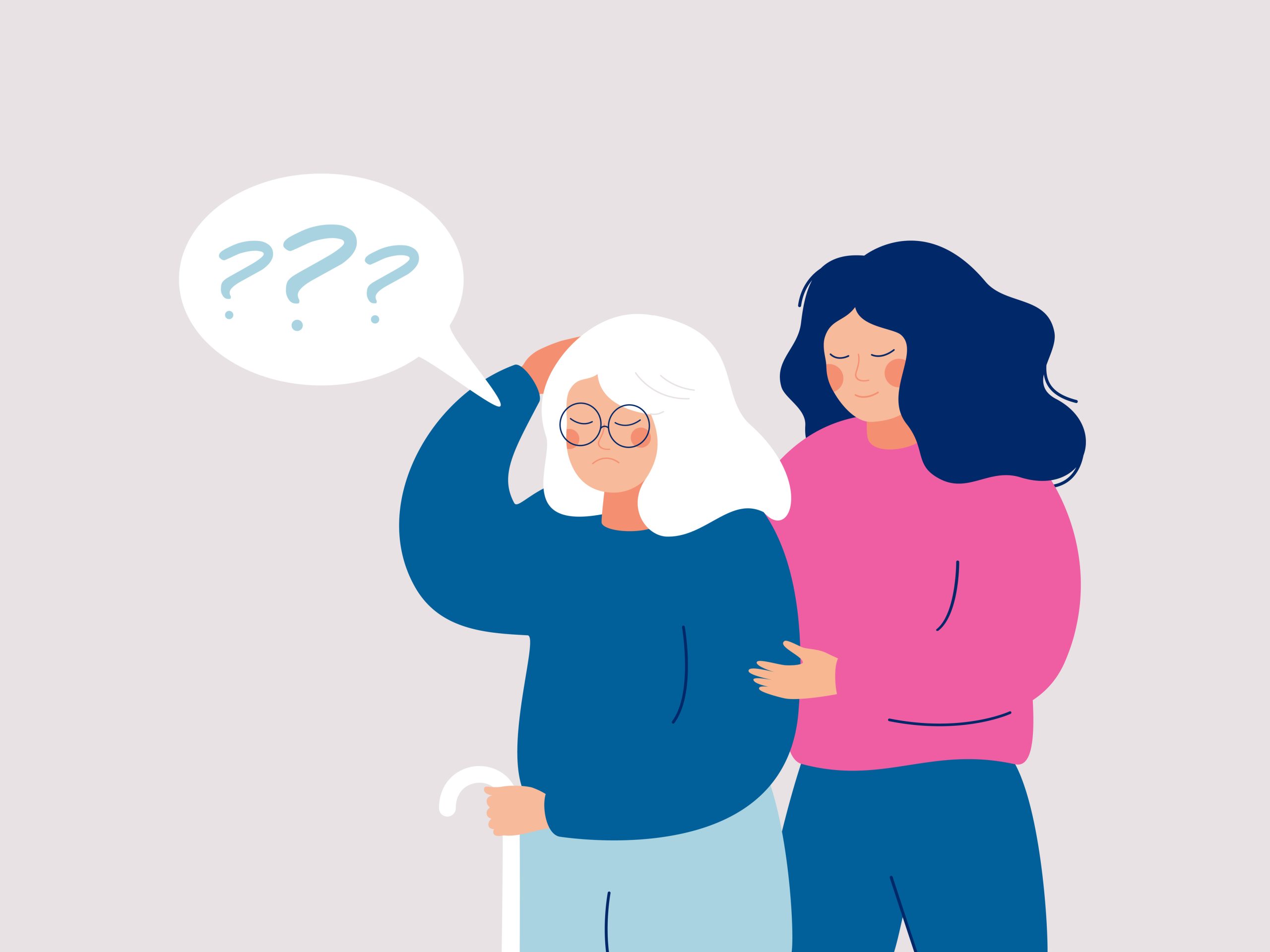 Illustration of a younger woman helping an older confused woman