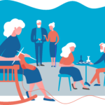 Illustration of multiple elderly people socializing