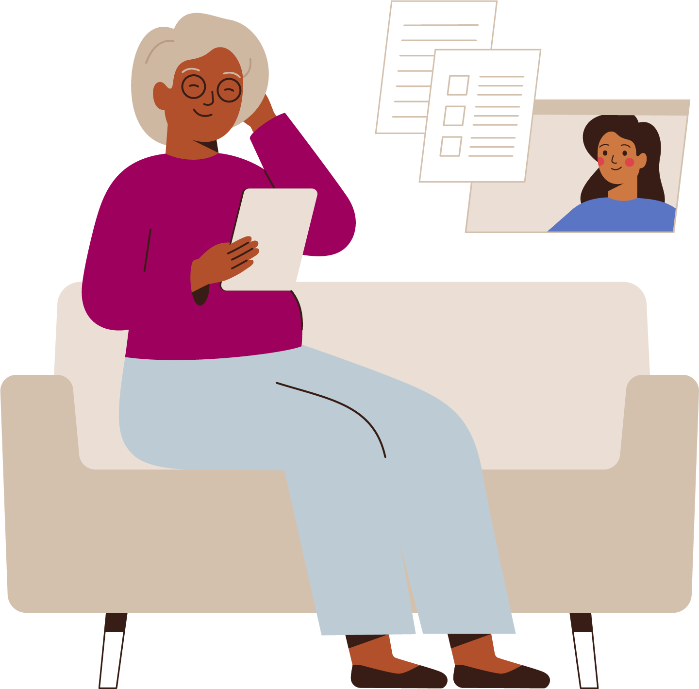 Woman sat on couch reading through a care plan