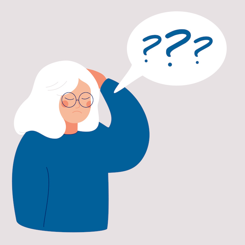 Woman with speech bubble with question marks